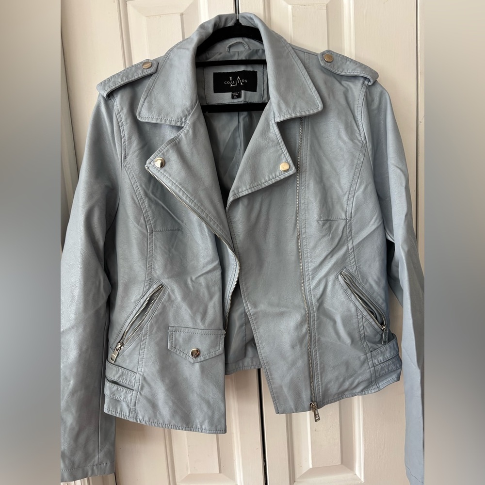 Gorgeous Light Blue Leather Moto Jacket